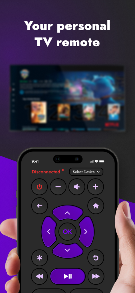 TV Remote for Roku: Smart app - Una persona sosteniendo un iPhone con una interfaz de control remoto de TV digital que presenta botones de navegación y reproducción