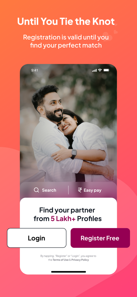 Nest Matrimony app welcome screen showing a happy Malayali couple and registration options