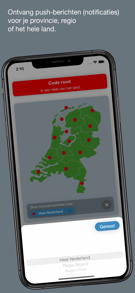 Smartphone screen showing the Weeralarm Nederland app with a weather alert map and notification options