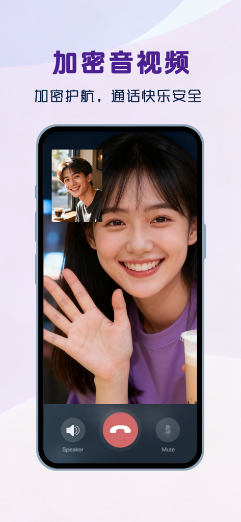 抖语-安全加密聊天软件 - Uma interface de telefone celular mostrando uma chamada de vídeo criptografada segura entre dois usuários