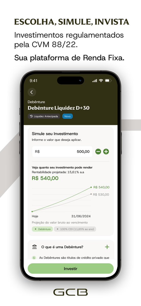 GCB Investimentos mobile app screen showing a debenture investment simulator with a projected yield chart.