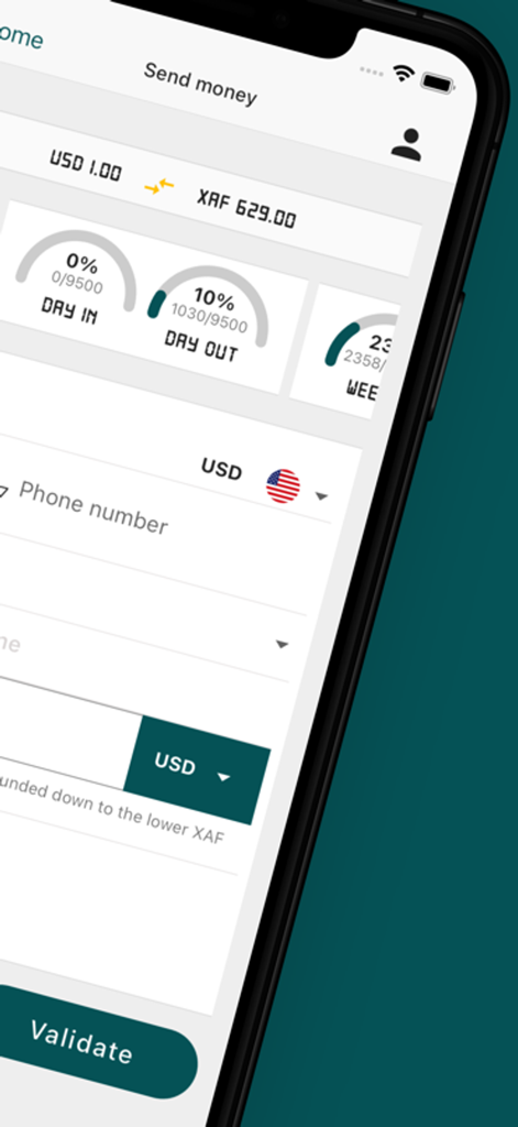 @fric Remit (ex BJFT Wallet) - Mobile interface of the Afric Remit app showing currency conversion from USD to XAF and daily transaction progress bars