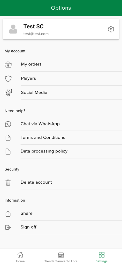 EF Carlos Sarmiento Lora - Settings screen of the EF Carlos Sarmiento Lora app displaying account options and help links