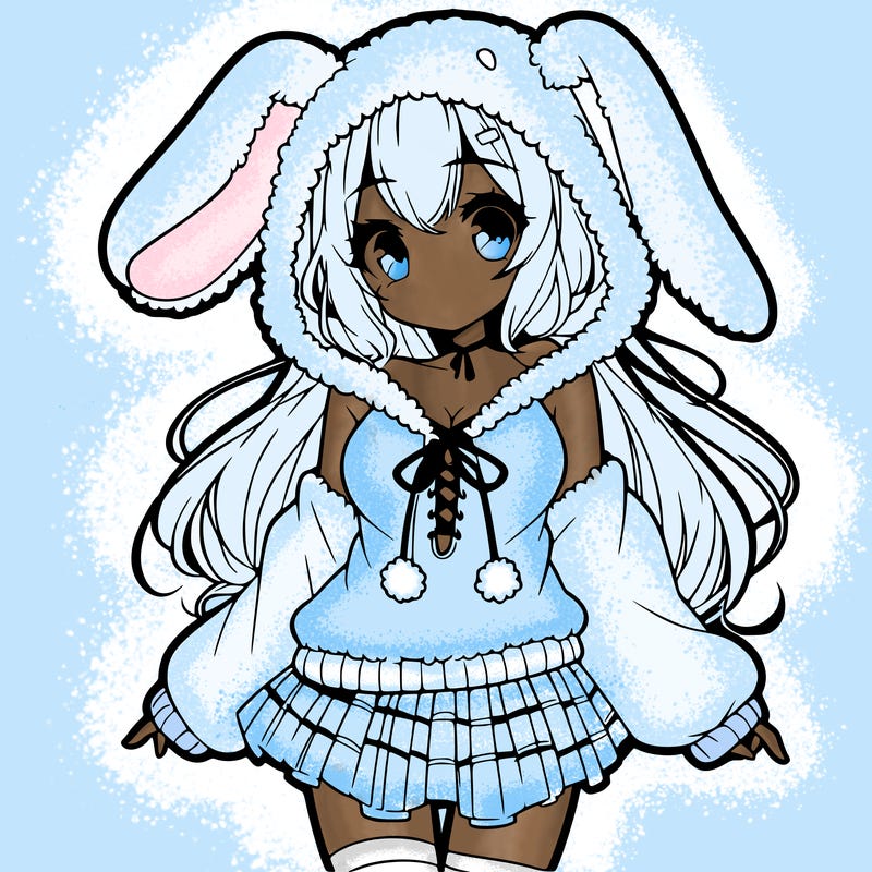 pretty anime girl wearing a fluffy hoodie with bunny ears on the hood and a skirt