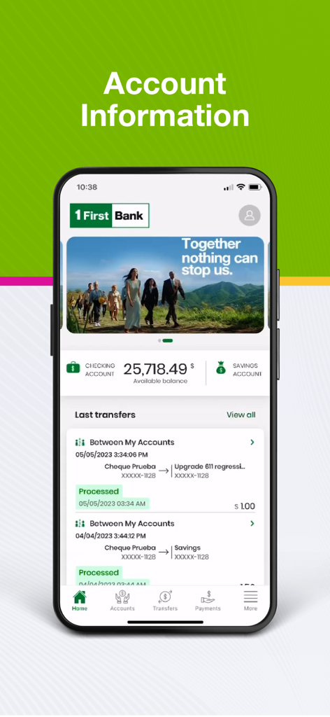 Tela de informações da conta do aplicativo FirstBank Sua Banca Digital mostrando o saldo da conta corrente e as últimas transferências