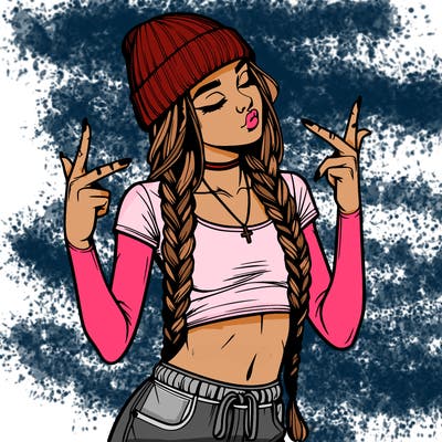 realistic teenage girl with braids and a beanie and crop top doing 🫶🏼