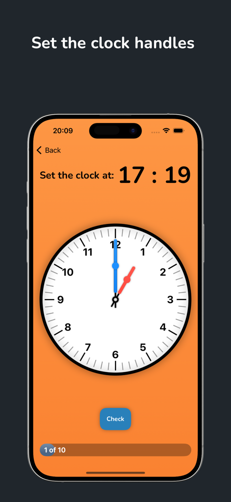 Kloklezen - Mobile screen showing an analog clock practice exercise for children