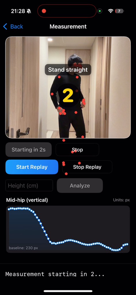 Interface of the VerticalJumpTest app showing motion tracking dots on an athlete with a countdown timer before measurement