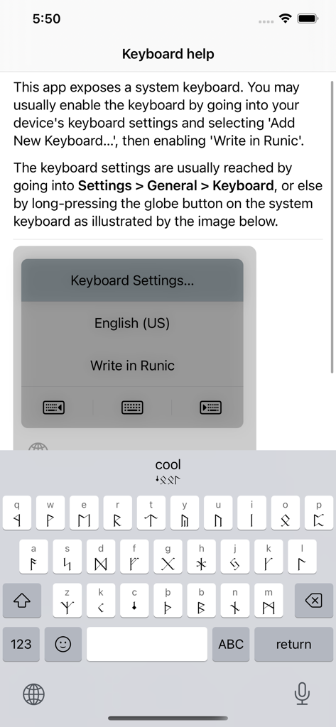 Write in Runic - Instructional screen for enabling the Write in Runic system keyboard on a mobile device