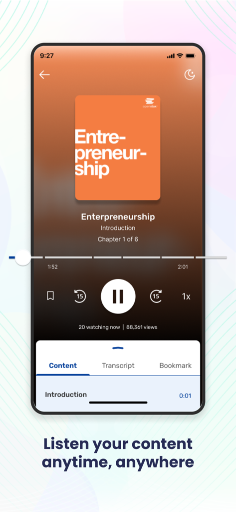 Kitaboo Player - Audio playback interface of the Kitaboo Player app showing an Entrepreneurship course with play controls and transcript tabs.