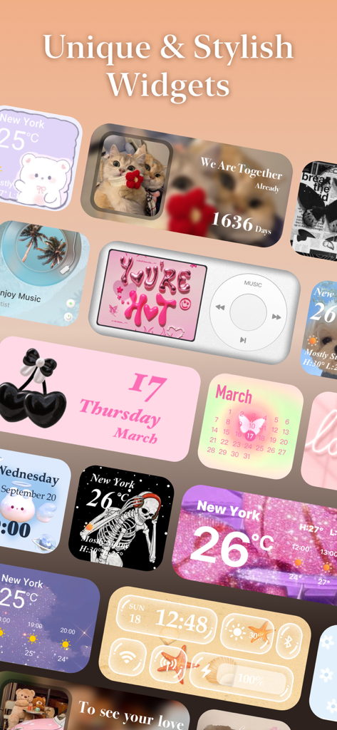 Una exhibición de widgets estéticos únicos y elegantes para la personalización de la pantalla de inicio de iPhone, incluyendo diseños de calendario, clima y música