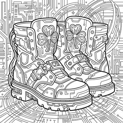 Unleash your creativity with this striking Cyberpunk Leprechaun Shoes coloring page. Dive into a world where ancient lore meets futuristic tech, offering intricate details perfect for advanced colorists.