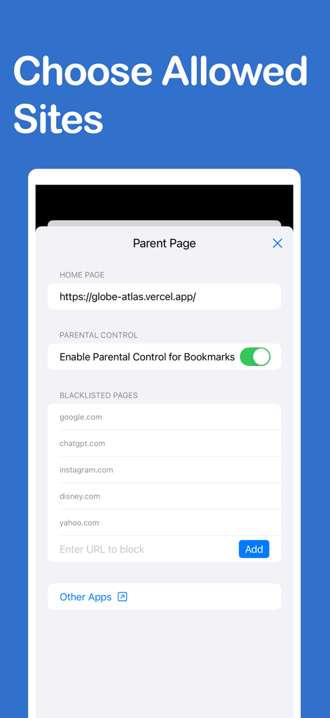 Elternseite im Kinder Browser zur Verwaltung des Website-Zugriffs und der Kindersicherungseinstellungen