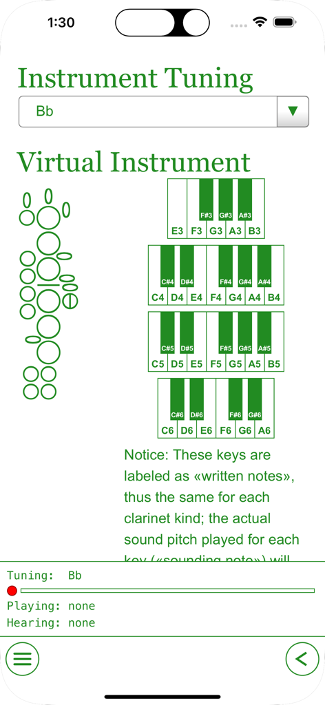 Virtual clarinet fingering chart and tuning interface