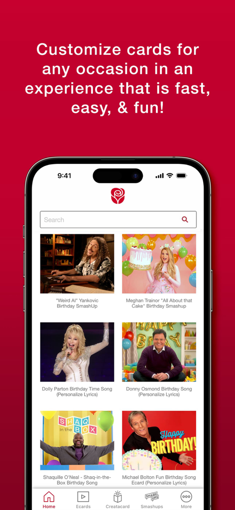 American Greetings Ecards - American Greetings Ecards app interface showcasing celebrity SmashUp video greetings including Dolly Parton and Meghan Trainor