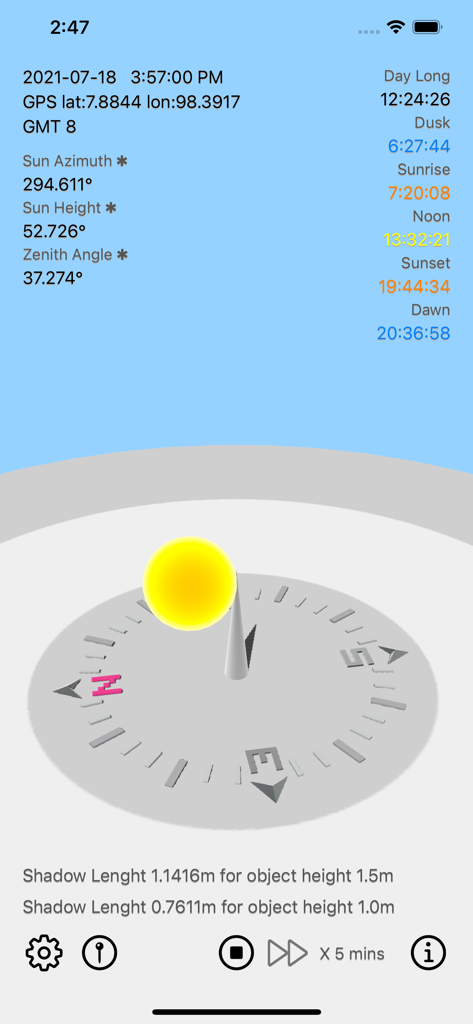 Interface of the Sun Calculator app showing a 3D sun position compass and shadow length data