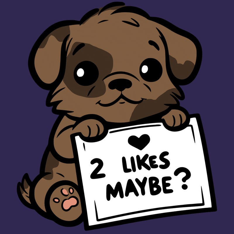 a puppy holding a sign that says 2 likes maybe?