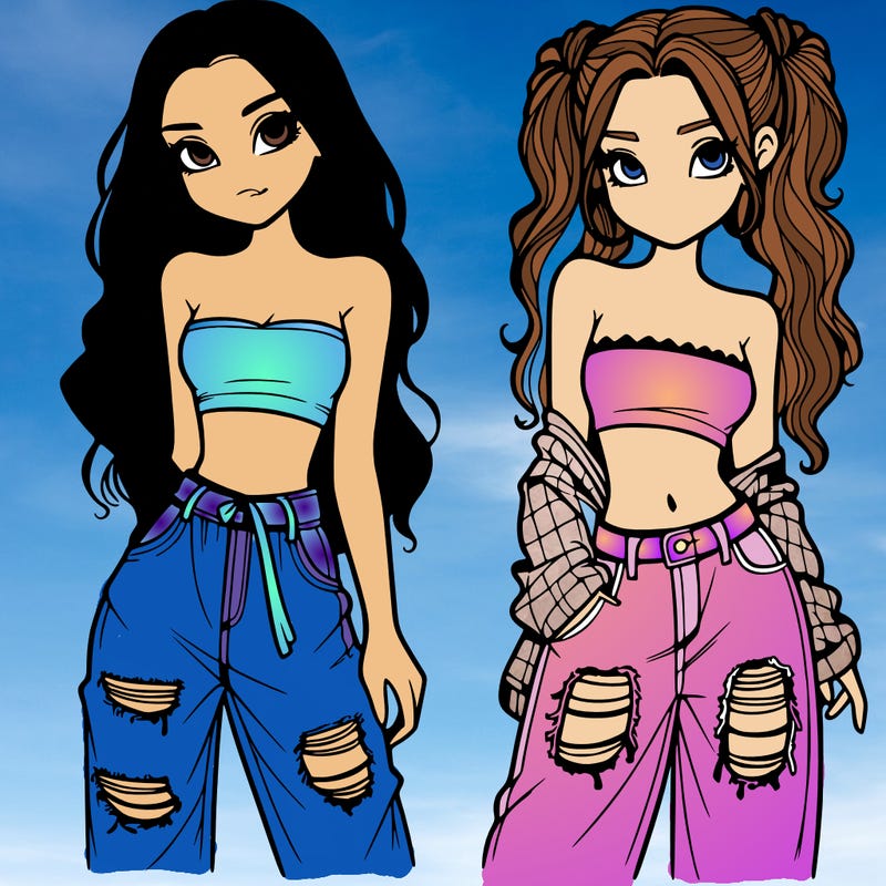 2 girls in crop tops and baggy jeans ripped