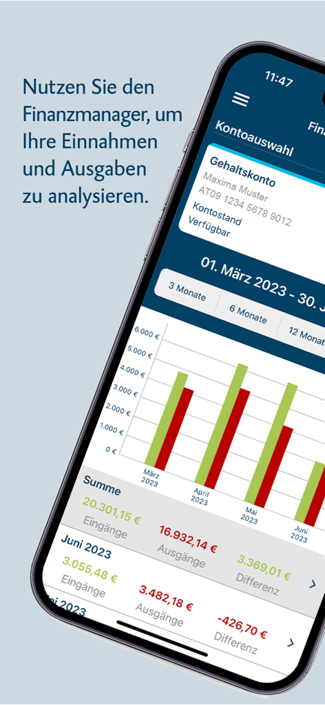 BTV Banking - Interfaz de la aplicación BTV Banking mostrando la función de gestor financiero con gráficos de barras de ingresos y gastos y resúmenes mensuales.
