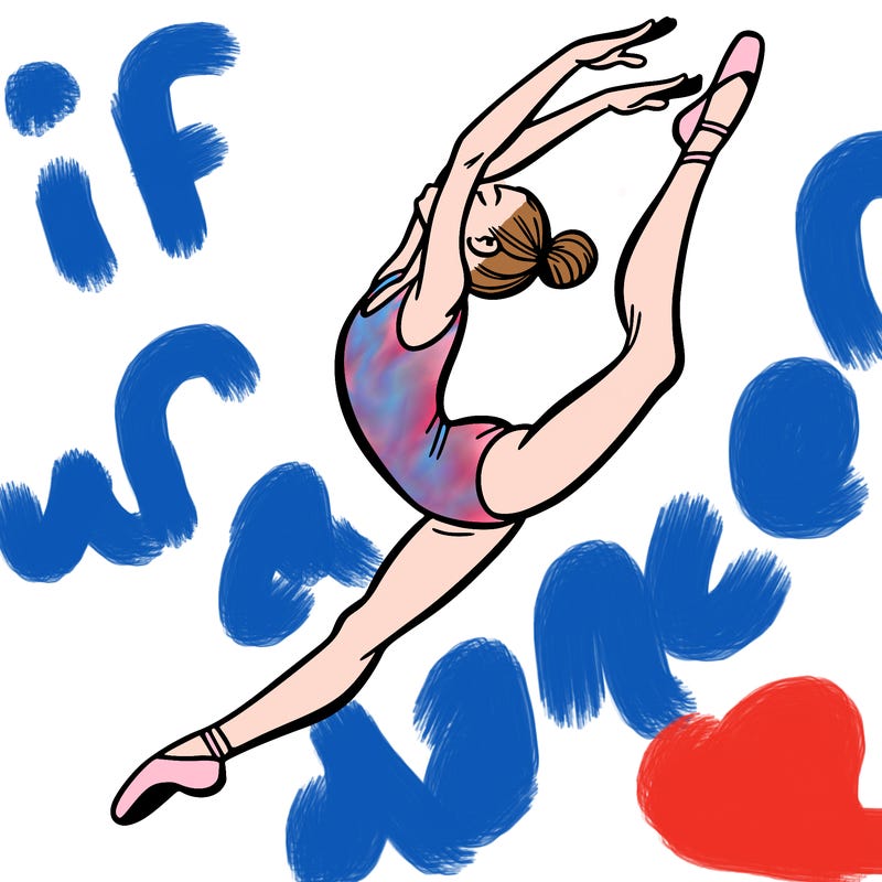 gymnast doing a leap in a leotard with a bent back leg