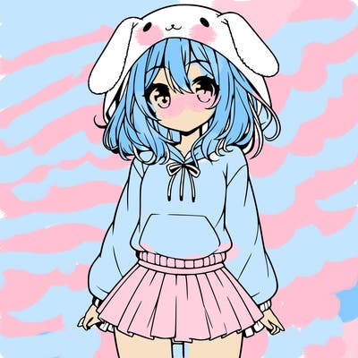 pretty anime girl wearing a fluffy hoodie with bunny ears on the hood and a skirt