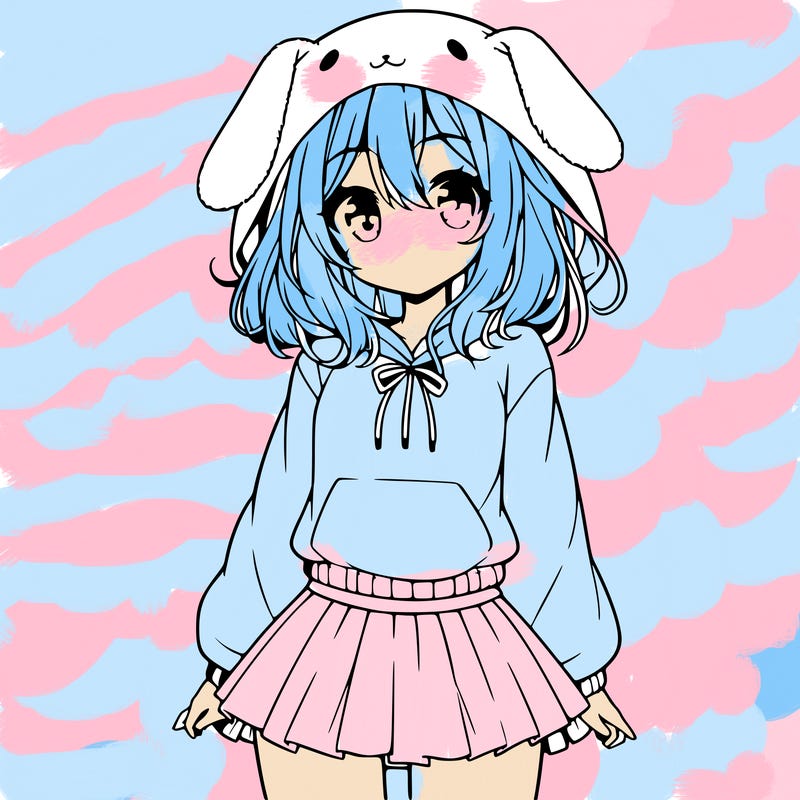 pretty anime girl wearing a fluffy hoodie with bunny ears on the hood and a skirt