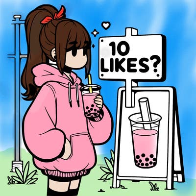 girl with oversized hoodie drinking boba and she has a high ponytail with a sign that says 10likes?
