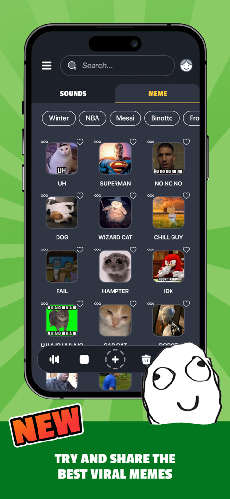 Sounds Effects by Whatsticker - Tela do aplicativo mostrando uma biblioteca de memes virais e efeitos sonoros para compartilhamento