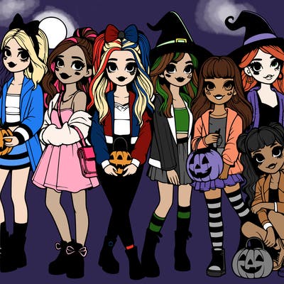 realistic group of girls on halloween