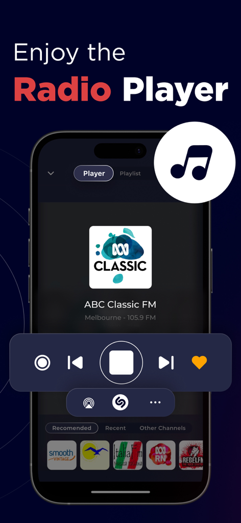 Australia Radio App Live DAB - Mobile interface of the Australia Radio App displaying the ABC Classic FM player with playback controls