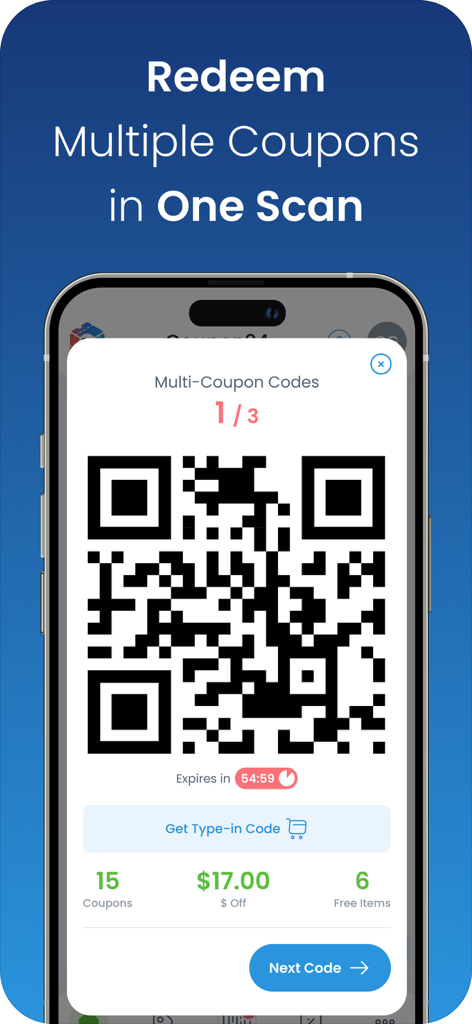 Mobile app screen showing a QR code for redeeming multiple coupons in one scan with total savings displayed