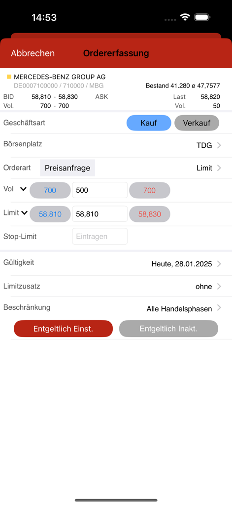 Interface de entrada de ordem do aplicativo HTX Mobile para negociação de ações com opções de compra e venda para Mercedes-Benz Group AG