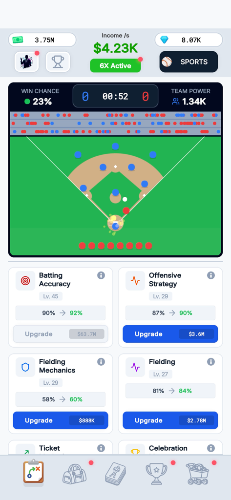 Sport Star - Team Manager Idle - Baseball management interface in Sport Star showing team stats and skill upgrades