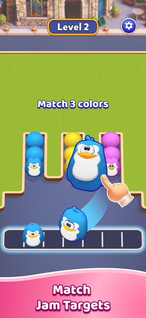 Match Jam 3D - Gameplay screenshot of Match Jam 3D showing a hand matching blue penguin blocks in level 2