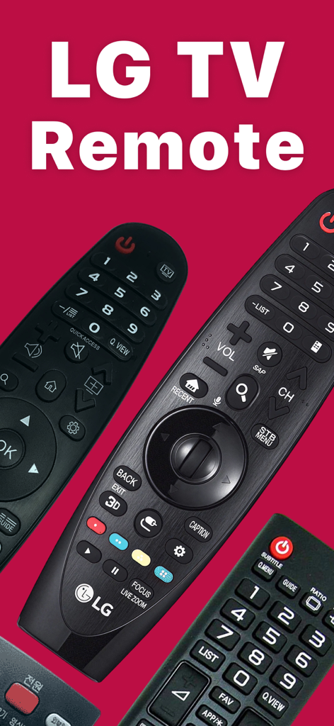 Remote for LG - Immagine promozionale per l'app LG TV Remote che mostra più telecomandi fisici LG su uno sfondo rosso