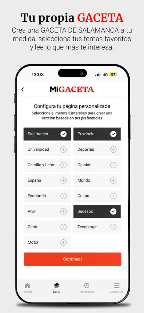 La Gaceta de Salamanca - Personalization screen of the La Gaceta de Salamanca app for selecting news interests