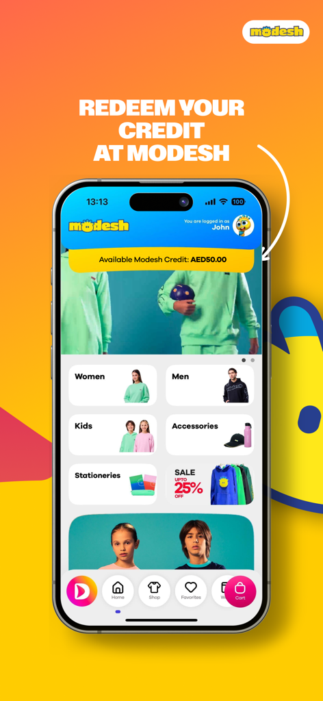 Dream Dubai - Dream Dubai App-Oberfläche, die verfügbares Modesh-Guthaben und Einkaufskategorien für Kleidung und Accessoires zeigt