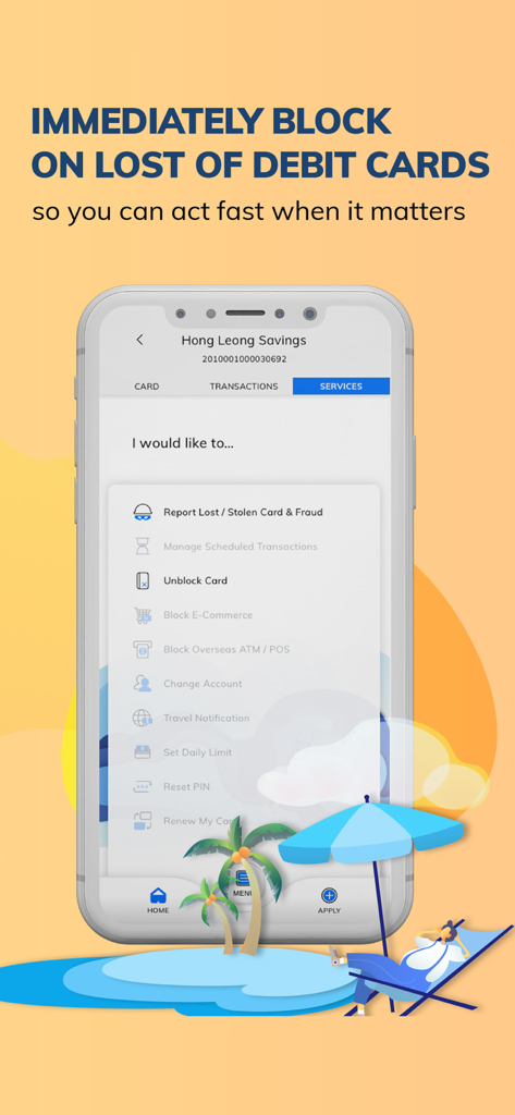 Hong Leong Connect Cambodia - Configuración de seguridad de la tarjeta de débito en la aplicación de banca móvil Hong Leong Connect Cambodia.