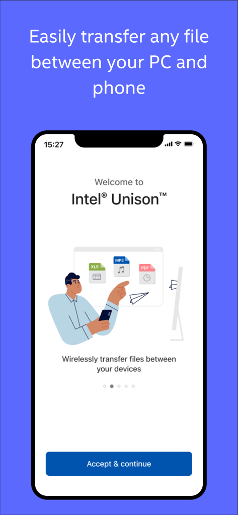 Intel Unison app welcome screen showing wireless file transfer between PC and phone