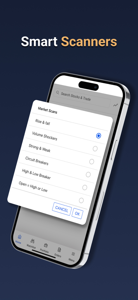 TradeSmart app interface showing smart market scanners for Indian stocks