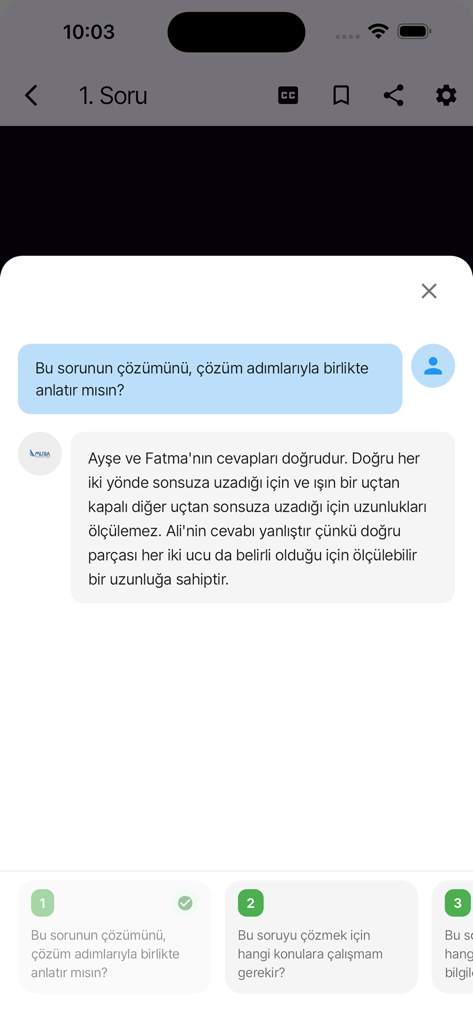 MUBA Video Çözüm - MUBA Video Cozum app screenshot displaying a written solution to a study question.