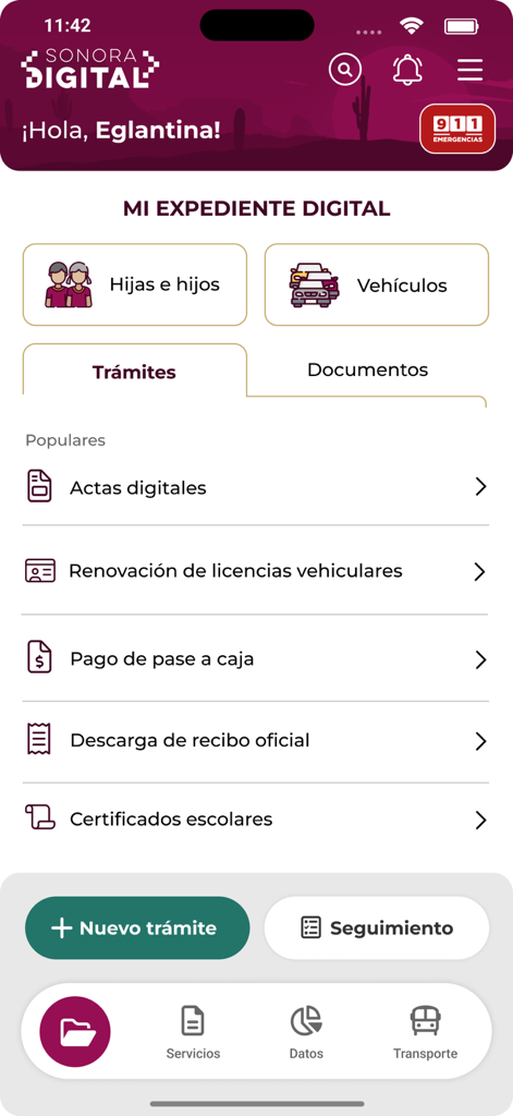 Sonora Digital - Sonora Digital app home screen showing the digital file section with options for government documents and vehicle registration