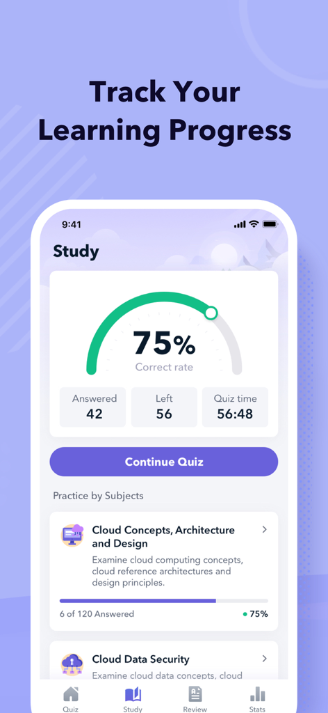 Mobile app dashboard tracking learning progress with exam statistics and subject practice status