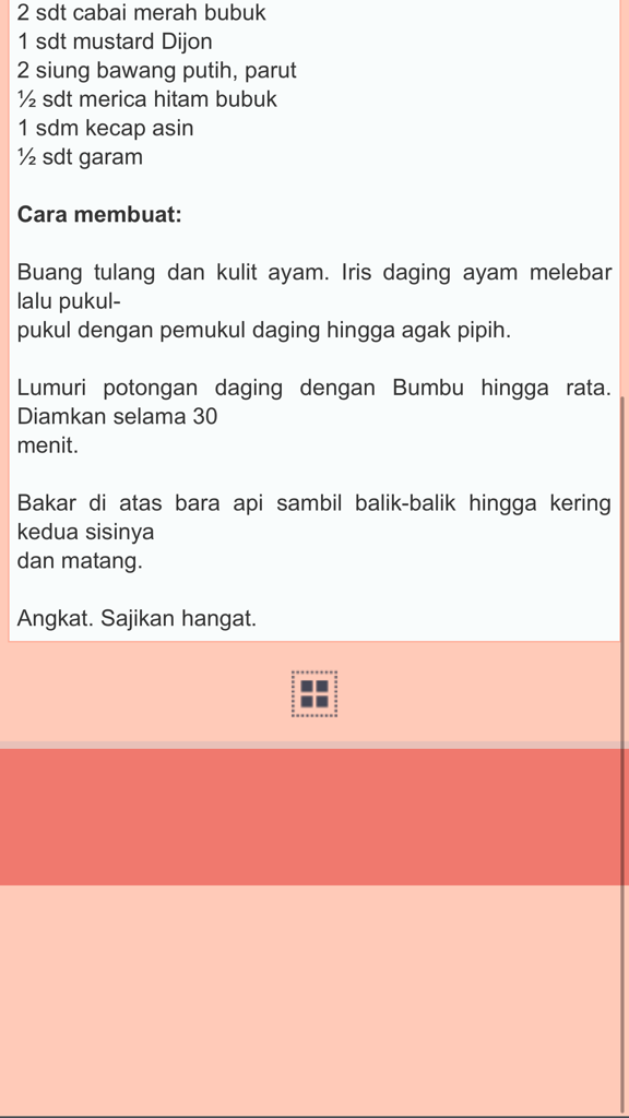Resep Ayam Indonesia - Captura de pantalla de la aplicación Resep Ayam Indonesia que muestra los ingredientes y los pasos de cocción de un plato de pollo