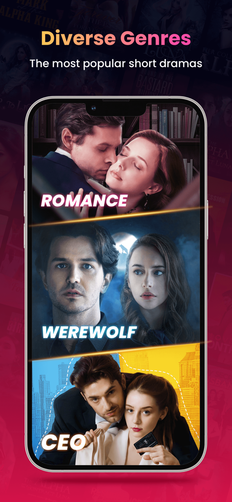 GoodFM - Dramas & Audiobooks - Pantalla de smartphone mostrando diversos géneros de drama corto como Romance Hombre Lobo y CEO en la aplicación GoodFM