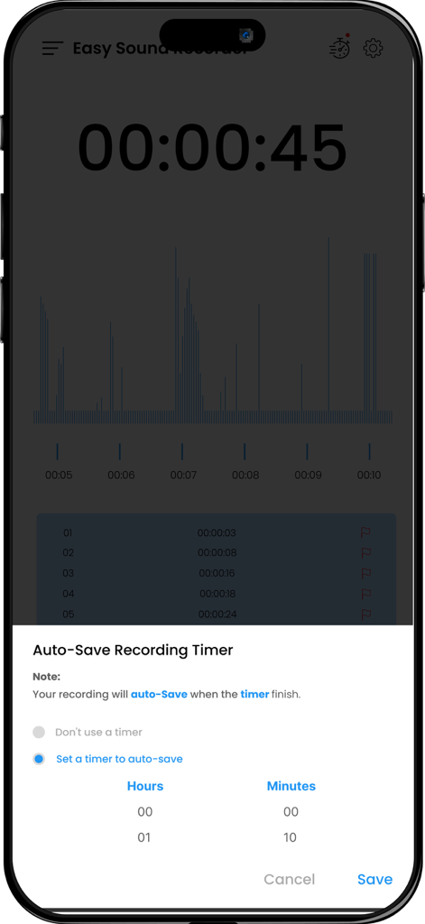 Interface of the Easy Sound Recorder app showing an auto-save recording timer popup on an iPhone screen