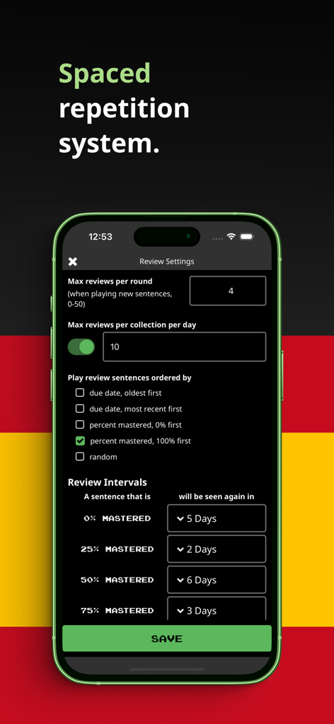 Clozemaster Spanish - Interfaz de la aplicación Clozemaster Español mostrando la configuración de repaso del sistema de repetición espaciada y los intervalos de dominio.