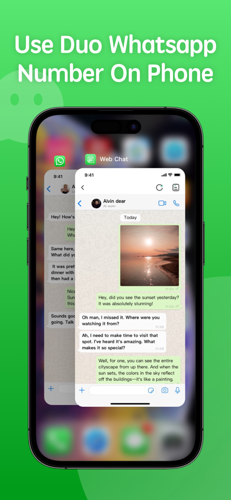 iPhone screen displaying the use of two WhatsApp accounts simultaneously through the Whats Web Duo app interface.