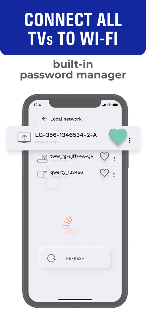Interfaz de la aplicación AirDroid Cast mostrando un escaneo de red local con televisores inteligentes disponibles y un administrador de contraseñas incorporado