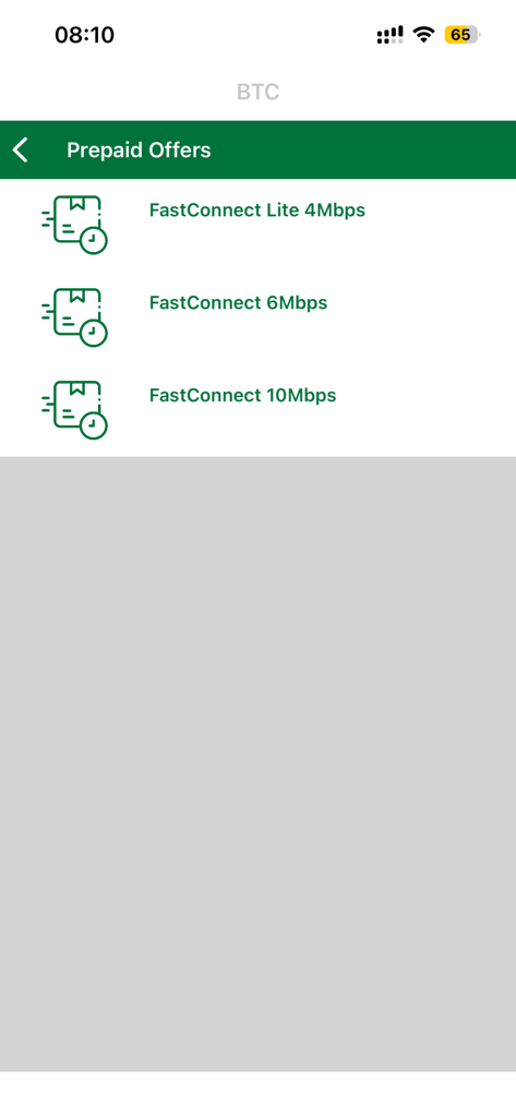 A list of prepaid internet bundle options titled FastConnect in the BTC Mobile App interface.